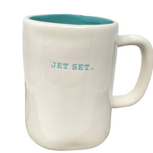 Rae Dunn JET SET Typewriter Lettering White Teal Kitchen Farmhouse Ceramic Mug